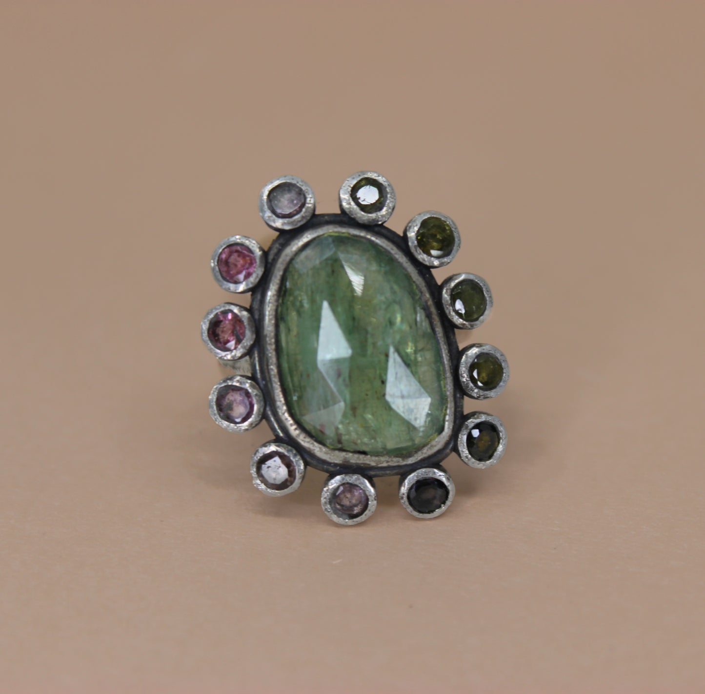 Sterling Silver Kyanite Ring with Tourmaline Halo